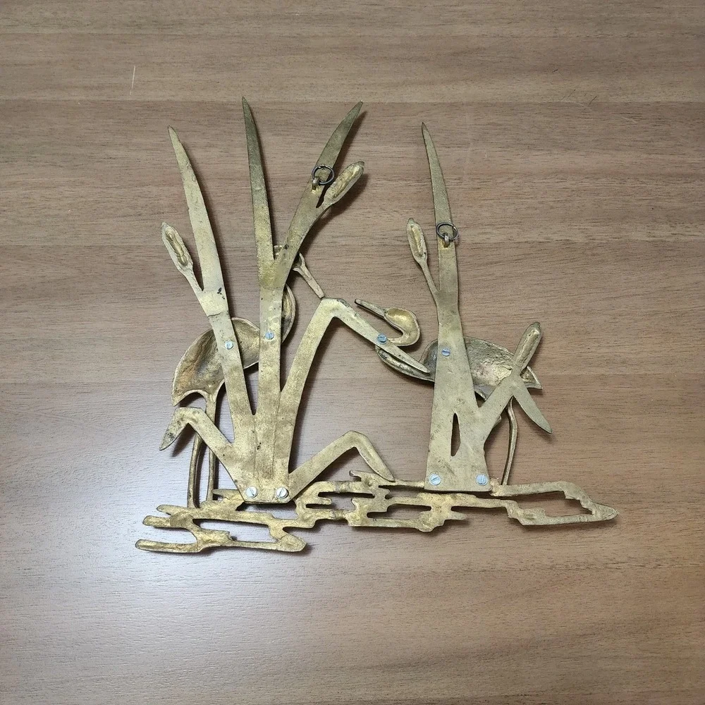 Brass MCM Crane Egret Heron In Reeds Wall Hanging Decor Vintage  Trending